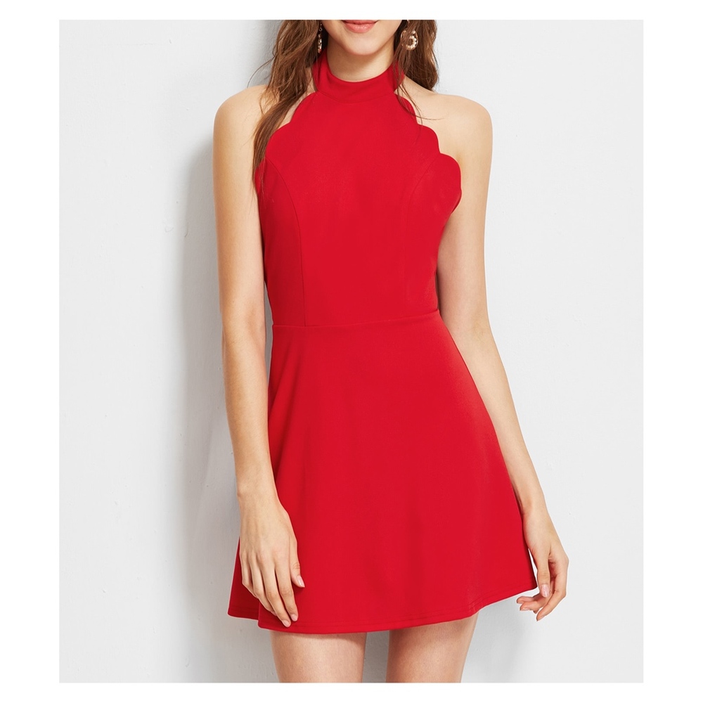 Red Halter Neck Scallop Backless Skater Dress - Picture 3 of 5